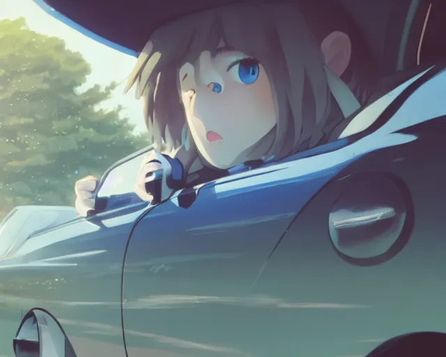 Image similar to a brunnete girl with blue eyes and puffy cheeks driving a car, close up shot from the back of the car, anime art, Greg Rutkowski, studio ghibli, dramatic lighting