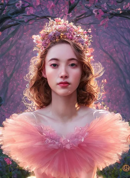 Image similar to stunningly beautiful face, prima ballerina in rose garden, symmetrical face, tutu, golden hour, smooth, focus, highly detailed, hyper realistic, dramatic lighting, elegant, intricate, concept art, art by wlop, mars ravelo, greg rutowski, artstation