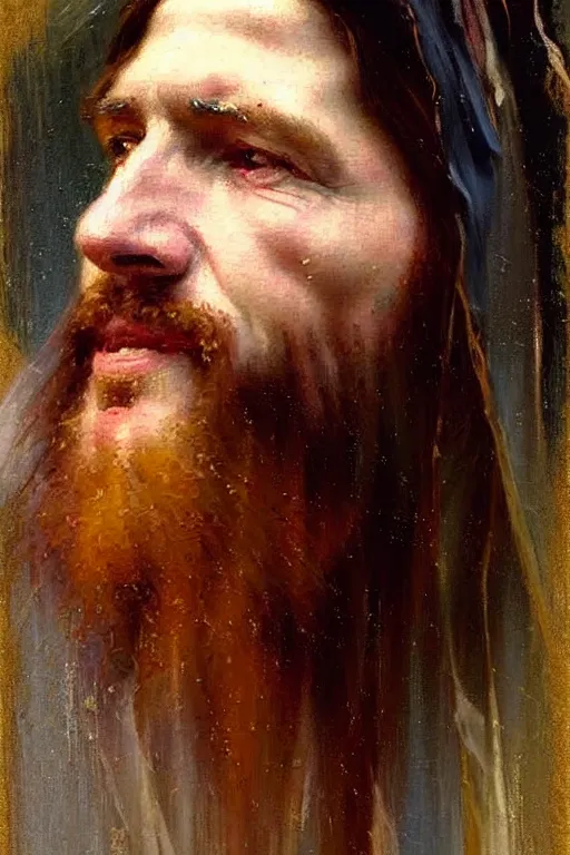 Image similar to impressionist brushstrokes!!!!!!!!! solomon joseph solomon and richard schmid and jeremy lipking victorian loose genre loose painting full length portrait painting of jesus with a slight smile happy inviting