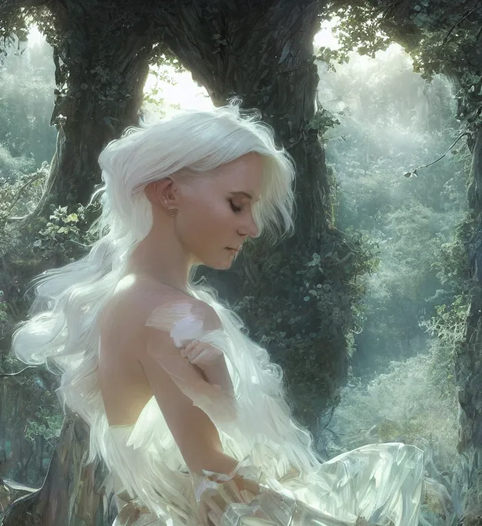 Prompt: portrait of a white haired woman wearing a crystal dress, autumn leaves falling, dramatic volumetric lighting, god rays, global illumination, soft, sharp focus, sci-fi, ivy, moss, trending on artstation, intricate concept art by Greg Rutkowski and artgerm and Ruan Jia and Alphonse Mucha