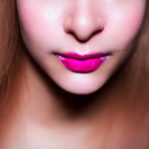 Image similar to gentle smile of a girl with light pink lipstick, close-up, color old photo, blur, soft shadows, volumetric light