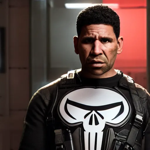 Prompt: Harvey Price as The Punisher, cinematic, photorealistic, movie still, 8k