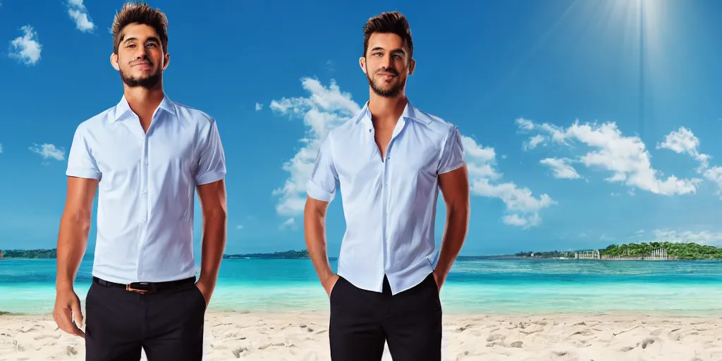 Image similar to a handsome guy is standing tall, in a beautiful shirt, with the beach, sea, sun, rays in the background? super detail, one character