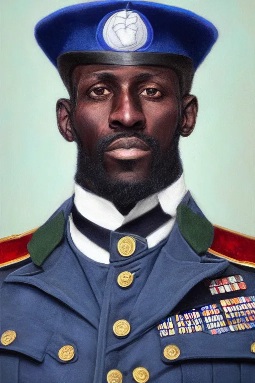 Image similar to facial portrait of the dictator of the minnesota timberwolves, 1 8 8 9, in full military garb, midnight blue, aurora green, lake blue, moonlight grey, kevin garnett, oil on canvas by william sidney mount, trending on artstation