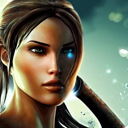 Image similar to dew, dew covers lara croft's face, focus on her face, sunlight, bloom effect