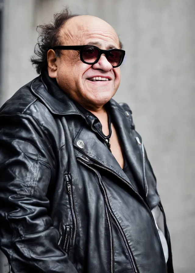 Prompt: photo of danny devito in a biker gang wearing a leather jacket and dark sunglasses, 8 5 mm f / 1. 8, bokeh, backlit