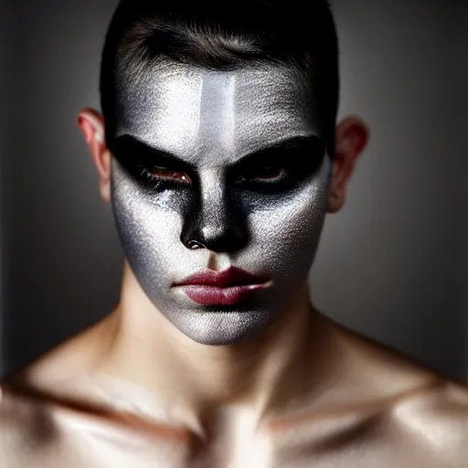 Image similar to a close up portrait of a beautiful athletic young persian male with his face covered in silver leaf , photographed by erwin olaf, artistic