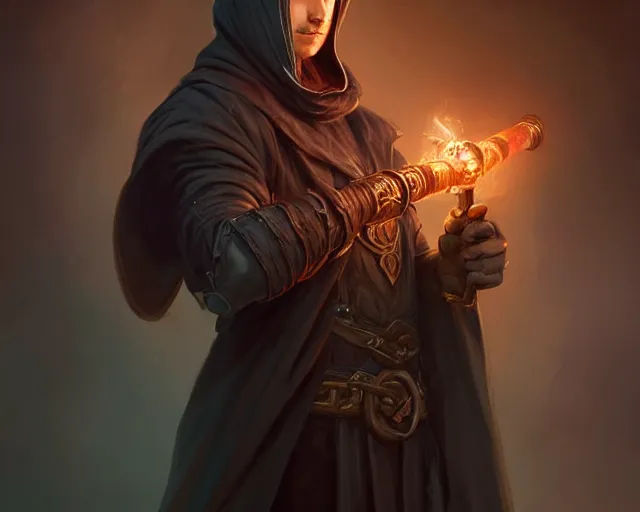 Image similar to young shadow mage male, holding a wizard pipe, shrouded face, deep focus, d & d, fantasy, intricate, elegant, highly detailed, digital painting, artstation, concept art, matte, sharp focus, illustration, hearthstone, art by artgerm and greg rutkowski and alphonse mucha