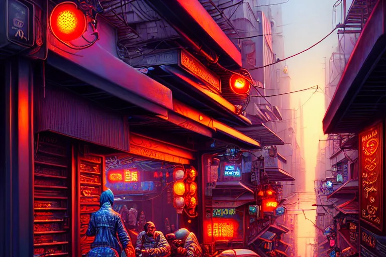 Prompt: a highly detailed bazaar street in the cyberpunk city of new washington, amazing cyberpunk digital painting, by gerald brom, brom digital art, intricate details, ultra realistic, beautiful art, volumetric lighting, ultra realistic, by art germ, warm colors advance cool colors recede, by brom, trending cgsociety, artstation, rim lighting, 8 k