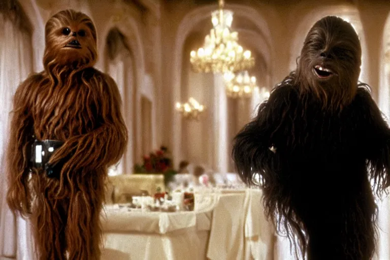 Image similar to A high quality movie still from the film Four Weddings and a Funeral, starring Chewbacca