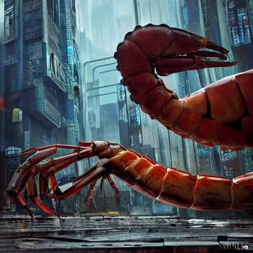 Prompt: a giant shrimp standing in a dystopian city, cyberpunk, dystopian, god, evil, villain, sharp focus, dynamic lights, still, photograph, hyper realistic, masterpiece, digital, octane render, rendered, 3 d, cinematic, cinematic lighting, dramatic lighting, highly detailed, intricate details, texture, cinematic composition, by donglu yu and kevin jick and eddie del rio