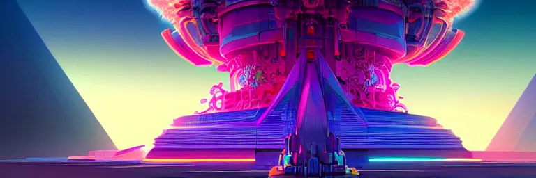 Prompt: a 3 d render of a cybernetic temple, vaporwave aesthetic, colorful, psychedelic, digital painting, artstation, concept art, smooth, sharp focus, illustration, art by artgerm and greg rutkowski and alphonse mucha