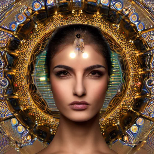 Prompt: beautiful centered Fine art photo portrait of persian girl as a solarpunk robotic humanoid, persian mechanical parts with led lights, decorated with golden persian ornaments, photorealistic, white background, highly detailed and intricate, sunset lighting, HDR 8k