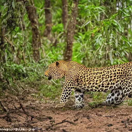 Prompt: A Leopard hunting in the jungle, Canon EOS R3, f/1.4, ISO 200, 1/160s, 8K, RAW, unedited, symmetrical balance, in-frame,