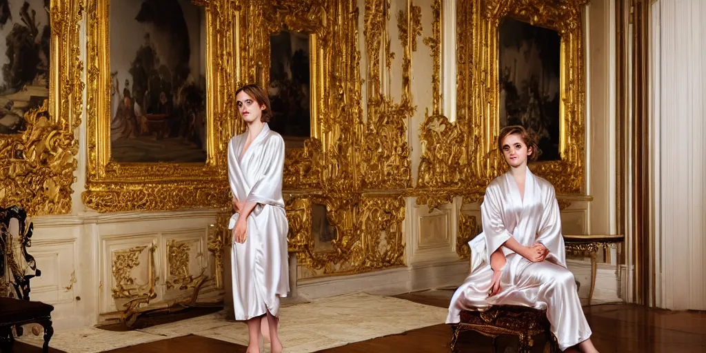 Image similar to portrait Emma Watson flowing silk robes baroque room cinematic lighting Stanley Kubrick canon 5d mk4