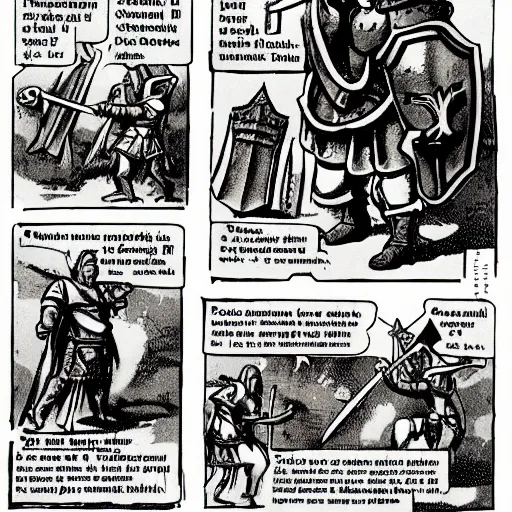 Prompt: of a dumb crusader knight that is the anti comunism crusader character, full plate, totally mad and yelling, shoutting using a megaphone, full plate, sword, shield, character sheet explaining his items and weapons,,