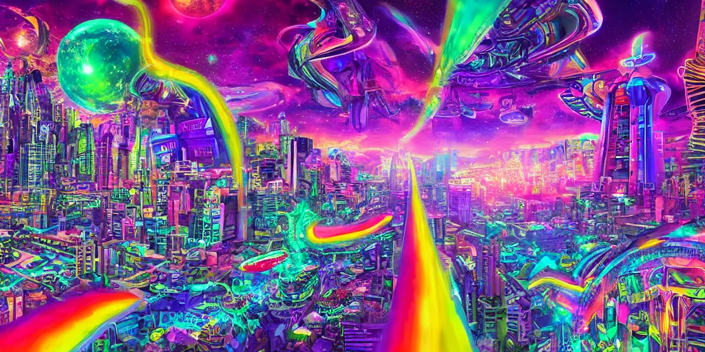 Image similar to psychedelic alien cityscape, photorealistic, hyperrealistic, futuristic, in style of Lisa Frank, cosmic, holographic, 4K, UHD, HDR