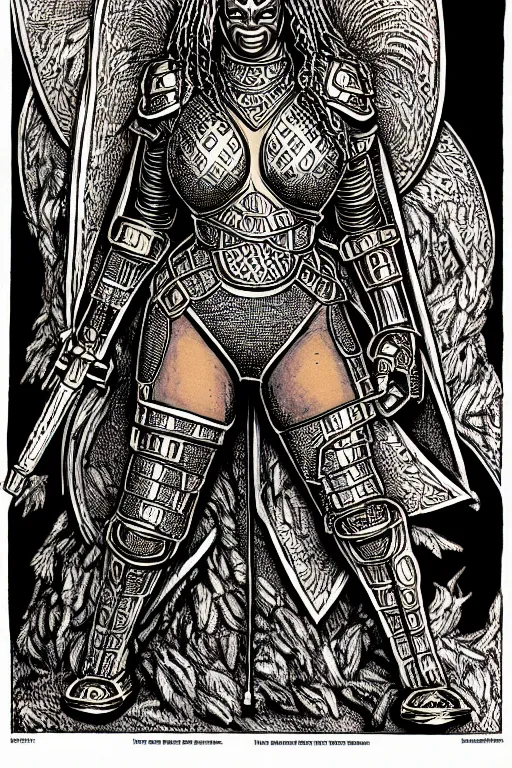 Prompt: warforged beyonce, as a d & d monster, full body, pen - and - ink illustration, etching, by russ nicholson, david a trampier, larry elmore, 1 9 8 1, hq scan, intricate details, inside stylized border