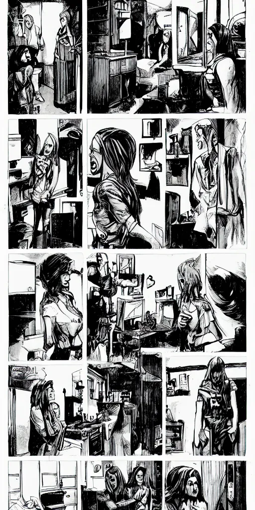 Prompt: multi - panel page from a highly detailed horror comic. city. apartment. woman. creature. terror. ink.