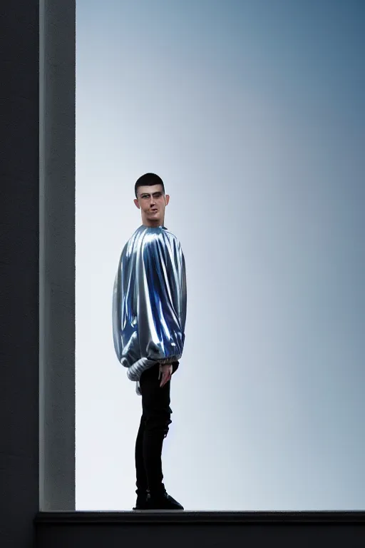 Image similar to un ultra high definition studio quality photographic art portrait of a young man standing on the rooftop of a british apartment building wearing soft baggy padded silver iridescent pearlescent clothing. three point light. extremely detailed. golden ratio, ray tracing, volumetric light, shallow depth of field. set dressed.