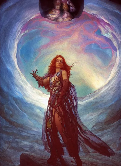 Prompt: biblical beautiful female druid android, bright glowing veins, in clouds, in front of a black hole, sunset, studio light, by mikhail vrubel, by gerald brom, by peter elson, muted colors, extreme detail, reflections, trending on artstation, 8 k