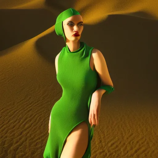 Image similar to innovative avant-garde art, deco fashion, attractive women, wearing green, highly detailed, photorealistic portrait, serene desert setting, golden hour, crisp quality and light reflections, unreal engine 5 quality render