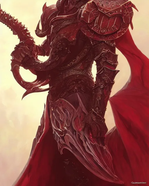 Image similar to Portrait of a Fantasy crimson knight, moonlit, HD, illustration, epic, D&D, fantasy, intricate, elegant, highly detailed, digital painting, artstation, concept art, smooth, sharp focus, illustration, art by artgerm and greg rutkowski and alphonse mucha, monster hunter illustrations art book