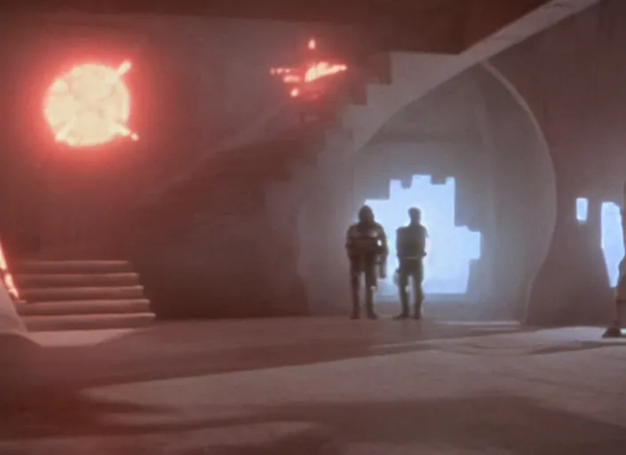 Image similar to screenshot from the iconic scene from the lost star wars 1980s film directed by Stanley Kubrick, cinematic lighting, unsettling set design with extreme detail, moody cinematography, with anamorphic lenses, crisp, detailed, 4k image