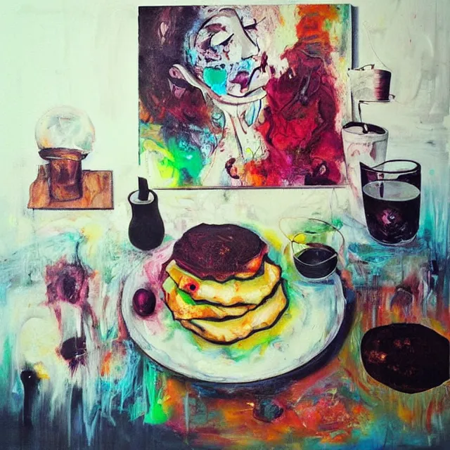 Image similar to “ sensual, neo - expressionism, surrealism, a portrait in a female art student ’ s apartment, pancakes, mushrooms,, art supplies, a candle dripping white wax, berry juice drips, acrylic and spray paint and oilstick on canvas ”