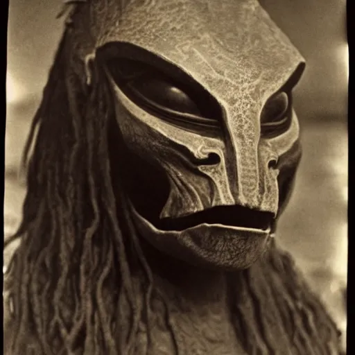 Image similar to photograph of yautja ( predator ) by edwardian, male, 1 9 0 0 s, 1 9 1 0 s, grainy, slightly blurry, faded, realistic face