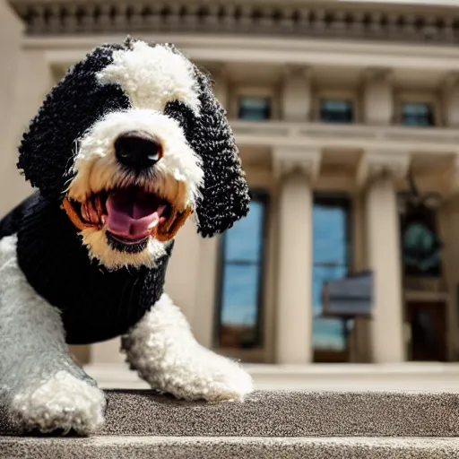 Image similar to a closeup photorealistic photograph of a cute smiling knitted bernedoodle judge dog dressed in a black gown, presiding over the courthouse. indoor image, professional capture, well lit shot. this 4 k hd image is trending on artstation, featured on behance, well - rendered, extra crisp, features intricate detail, epic composition and the style of unreal engine.