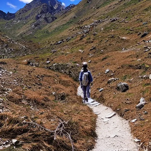 Prompt: POV: walking a dirt path in the tibetan mountains, manga art