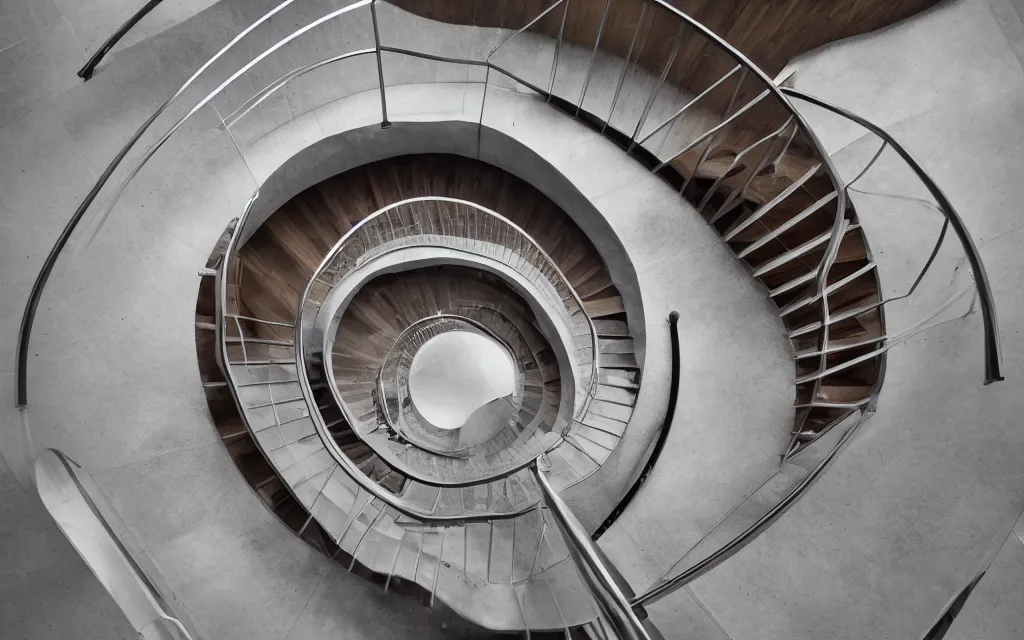 Prompt: 3d rendering of modern perfect spiral stairs, looking directly down, hd, hdr, cinematic 8k, ultra detailed, high resolution