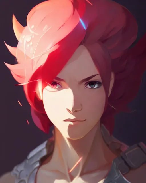 Image similar to vi from league of legends, detailed perfect face, exquisite details, fire magic, mid view, design on a white background, by studio muti, greg rutkowski makoto shinkai takashi takeuch studio ghibli