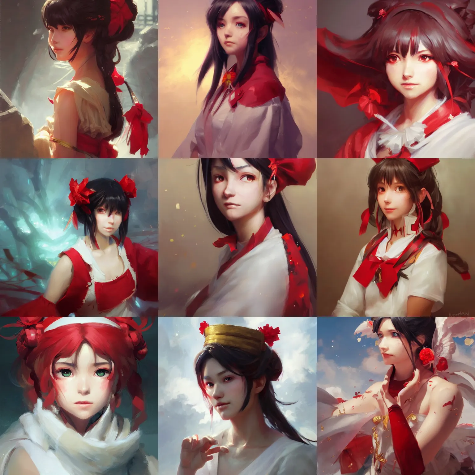 Prompt: a portrait painting of reimu hakurei, by greg rutkowski, artgerm, wlop, ruan jia, krenz cushart, marble, gold, unreal engine 5