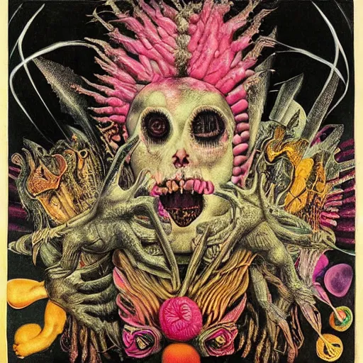 Image similar to post - punk new age album cover, magic, apocalypse, psychedelic, black white pink, magic, giger h. r., giuseppe arcimboldo