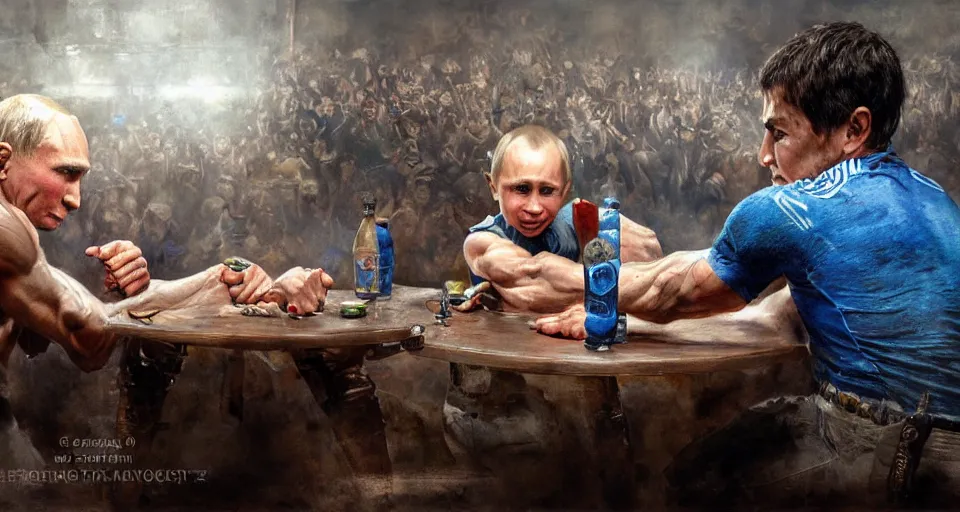 Image similar to arm wrestling ( vladimir putin ) vs ( ( ( litle boy ) ) ), hyperrealistic, digital concept art, caricature illustration, violent. horror. art by gaston bussiere and greg rutkowski in yelow and blue color