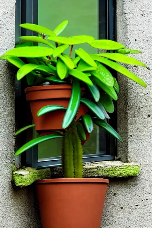 Image similar to an unknown exotic succulent shrubbery, a strange and weird potted plant is in a windowsill