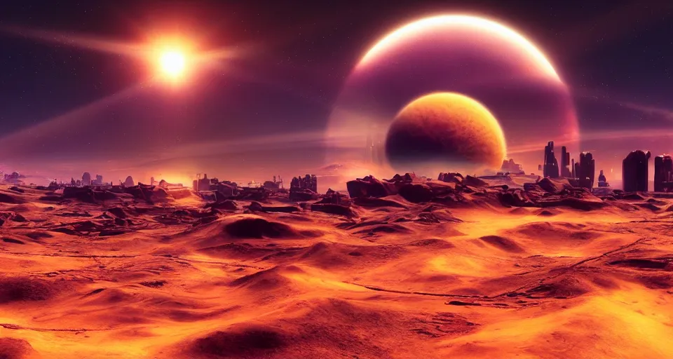 Image similar to Sci-fi landscape of a desert with two suns suns in the sky and futuristic city in the background, orange and purple colors, cinematic, science-fiction art wallpaper, stunning digital art