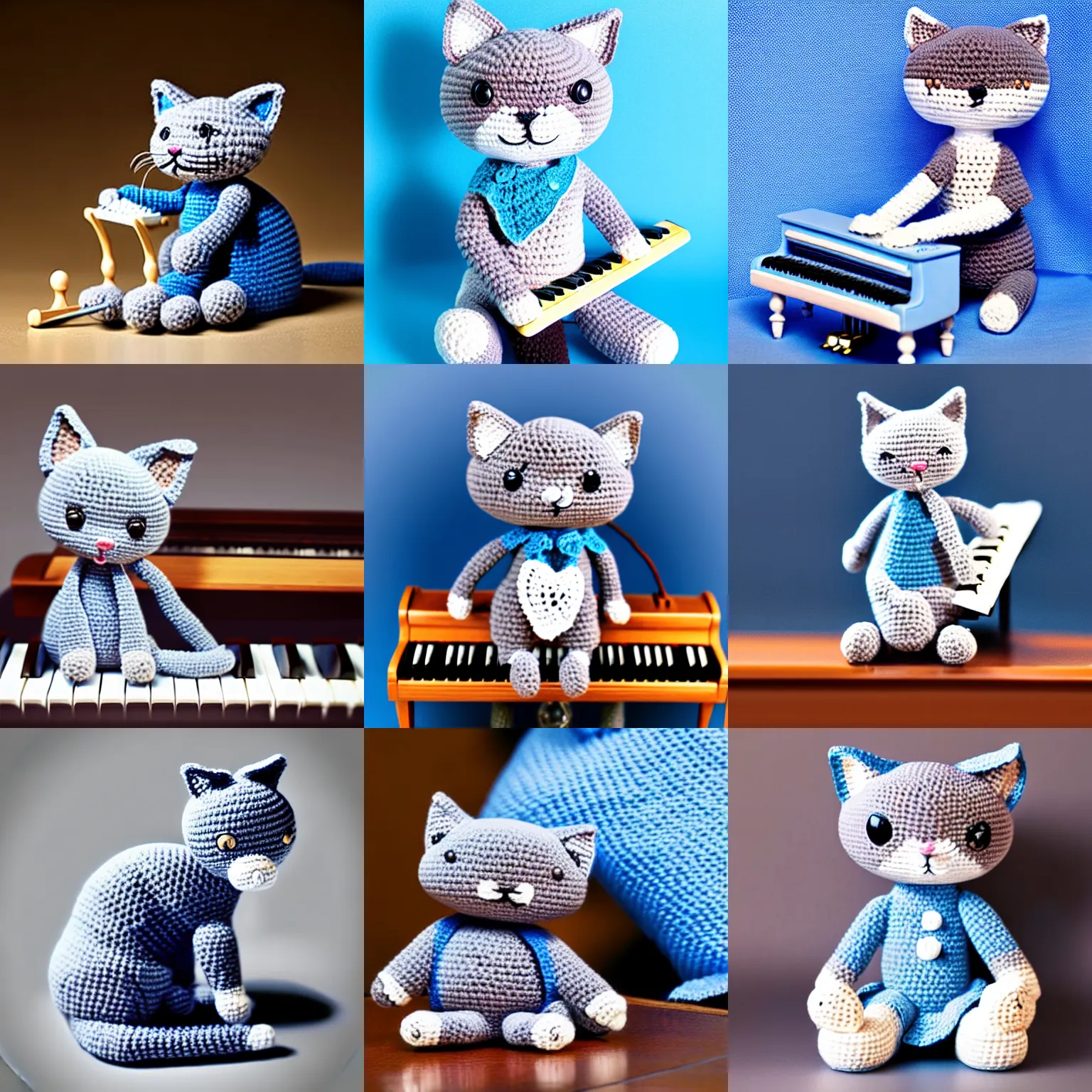 Image similar to product image of a crochet gray cat in light blue shirt playing crochet piano. beautifully made, very detailed, studio lighting, high quality, high resolution