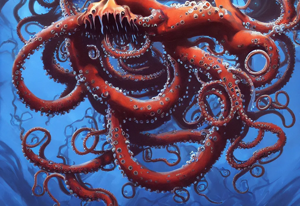 Image similar to Underwater Tentacle Pandomonium;Art by Greg Manchess, Art Direction by Jeremy Jarvis; painting spiraling inward; Deep sea horror; teeth and eyes; illustration