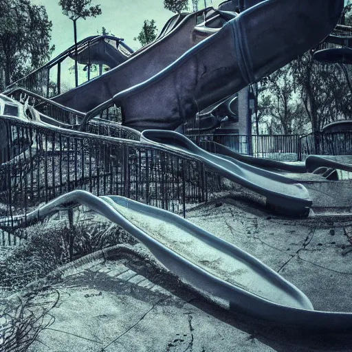 Prompt: abandoned water park with slides and giving a uneasy feeling, dark, dry, 8k, photorealistic, creepy,