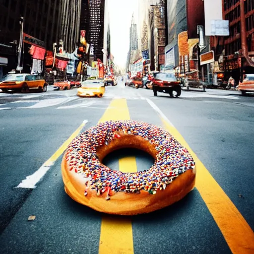 Prompt: a very beautiful polaroid picture of a giant donut in the streets of new york