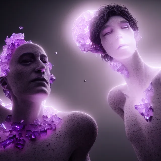 Prompt: a striking! render of ethereal beings made of amethyst and smoky gray quartz, new age artwork, octane, houdini, 8 k, cgsociety, intricately detailed