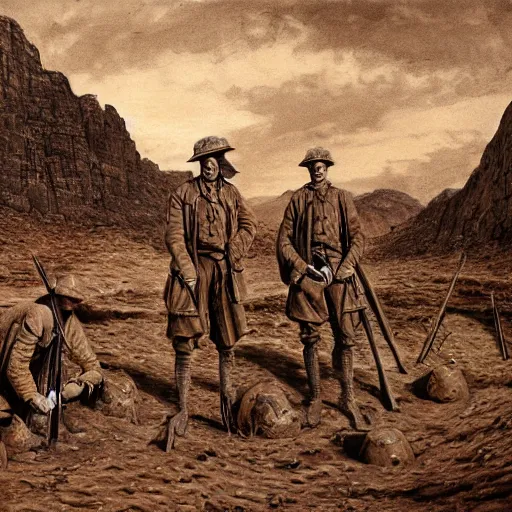 Image similar to ultra detailed photorealistic sepia - toned painting from 1 9 1 7, three british soldiers standing at an archaeological dig site in wadi rum, ultra realistic, painted, intricate details, lovecraft, atmospheric, dark, horror, brooding, highly detailed, by clyde caldwell