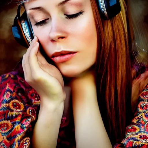 Image similar to a beautiful woman listening to music by Anna Nikonova