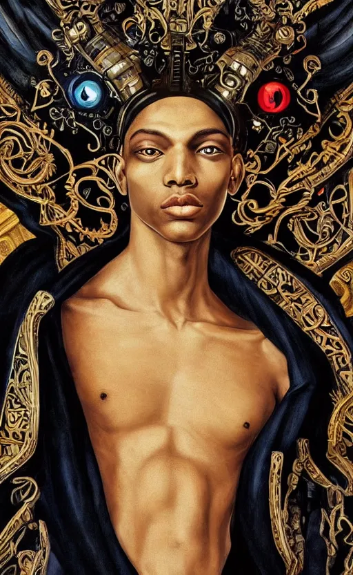 Image similar to beautifully painted mural of a stunning young black cyborg prince in ornate royal fabric, piercing glowing eyes, sci fi scenery, vogue cover poses, mural in the style of sandro botticelli, caravaggio, albrecth durer