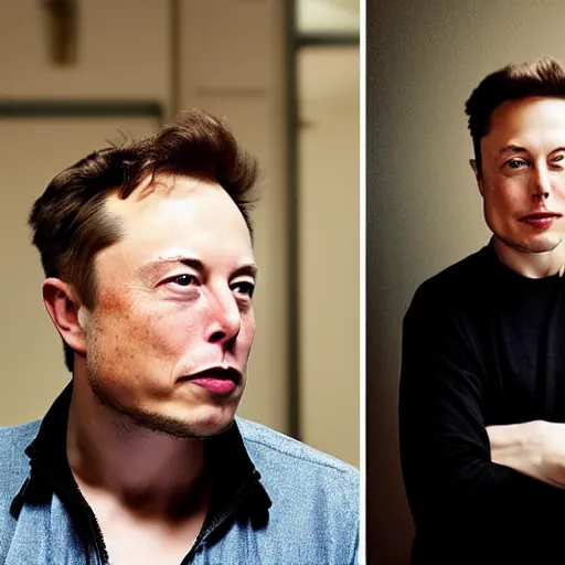 Image similar to A portrait photo of Elon Musk teams up with a teenage Elon Musk, perfect faces, 50 mm, award winning photography