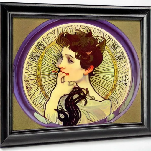 Image similar to occult detective, painted by alphonse mucha