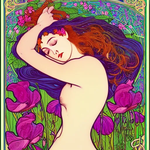 Prompt: a woman sleeping in the middle of flowers, confident pose, intricate, elegant, illustration, sensual, highly detailed, concept art, impressionist, art nouveau, trending on artstation, lisa frank, alfons mucha